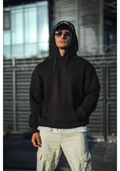 Üç İplik Penye Kapşonlu Basic Sweatshirt - Siyah Siyah