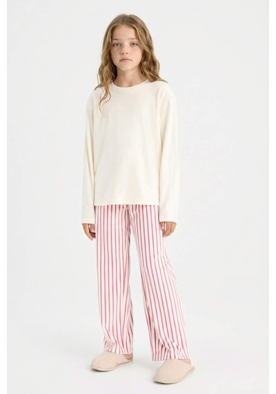 Defacto Pijama Takımı Uzun Kollu Üst Çizgili Uzun Alt Kız Çocuk D1068A824WN Bordo
