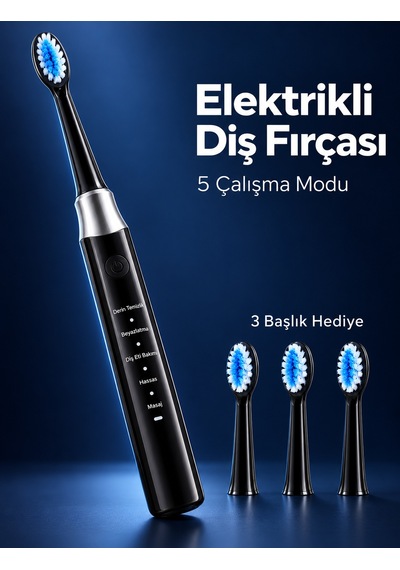 3 Yedek Başlık Hediyeli Usb Şarjlı Siyah Elektrikli Diş Fırçası - Lisinya