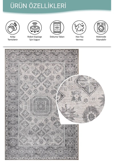 Artloop Stonart Eskitme Vintage Desenli Gri Otantik Yıkanabilir Şönil Halı Al 456 Bej