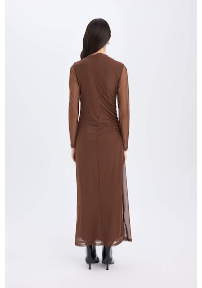 DeFacto Bodycon Vücudu Saran Yarım Balıkçı Yaka Tül Uzun Kollu Maxi Elbise E3548AX24WNBN167 Kahve