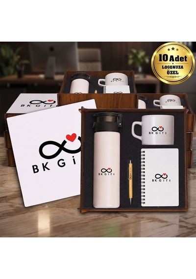 Logonuza Özel 10 Adet Ahşap Kutulu Bej Kurumsal Hediye Seti Cam Suluk, Seramik Fincan, Defter Ve Kalemli Promosyon Seti