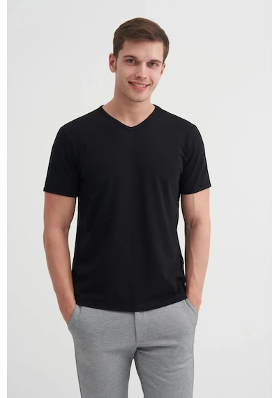 Cazador Slim Fit V Yaka Düz Örme Likarlı Tişört Siyah