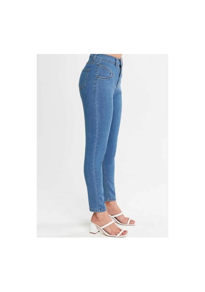 Kene Jeans Yüksek Bel Ön Conta Çımalı Esnek Dar Paça Mavi