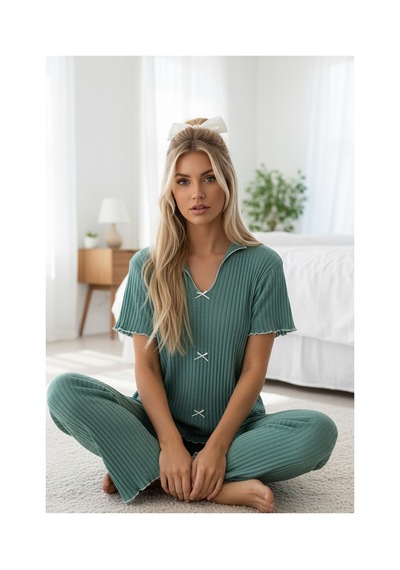 Siyah İnci Mevsimlik İnce Fiyonklu Pijama Takım7879 Mint Yeşili