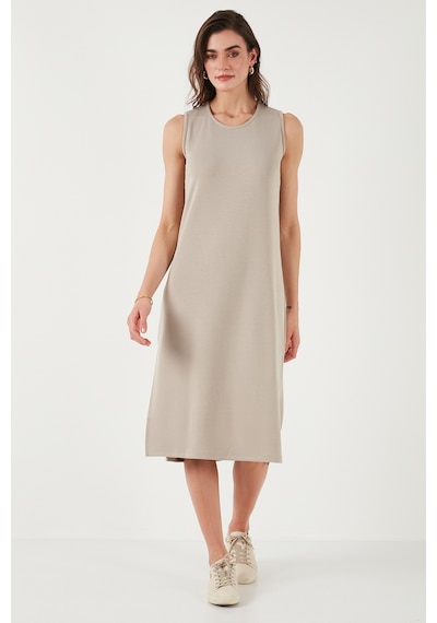 Lela Regular Fit Bisiklet Yaka Yırtmaç Detaylı Basic Midi Bayan Elbise 5866160 Taş