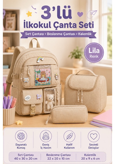 3'lü Kore Model Ortaokul Okul Çantası Kız Çocuk, Kız Çocuk Okul Çantası Beslenme Çantası Kalemlik Haki
