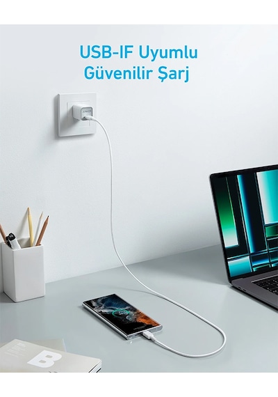 Anker 322 Powerline A81F5 60 W Usb-C To Usb-C Örgülü Şarj Kablosu 90 CM Beyaz
