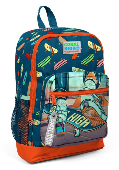 Coral High Kids Çivit Neon Turuncu Kaykay Desenli Dört Bölmeli Okul Sırt Çantası 23723