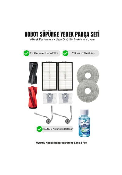 Roborock Qrevo Edge 2 Pro İle Uyumlu 1 Ana Fırça 2 Yan Fırça 2 Filtre 2 Mop 1 Deterjan 2 Toz Torbası 7.0