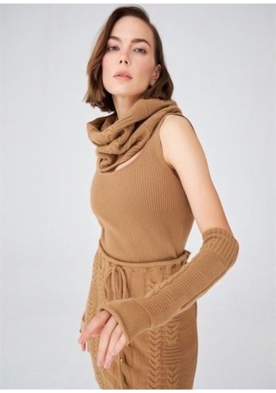 Peraluna Krop Fit Kadın Triko Atlet Camel Camel