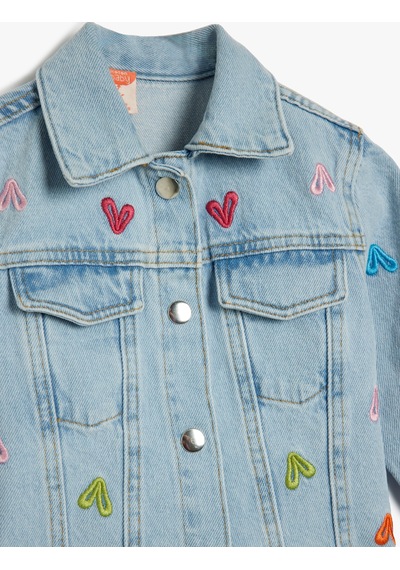 Koton Kalp Nakış Detaylı Uzun Kollu Pamuklu Denim Ceket Lıght Indıgo 5smg20005ad Açık Mavi