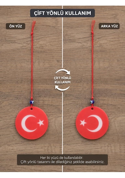 Araba Dikiz Ayna Süsü Türk Bayraklı Çift Taraflı Cam Nazar Boncuklu 25 Cm