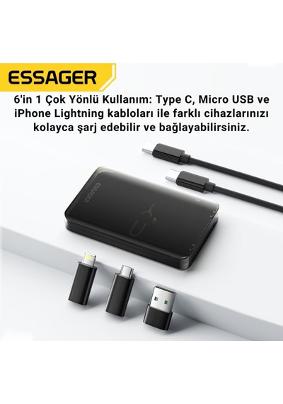Essager 6in1 60w Type C, Micro Ve Apple Uyumlu iPhone  Lightning Kablolu, Dönüştürücü, Sim Aparatlı Seyahat Seti