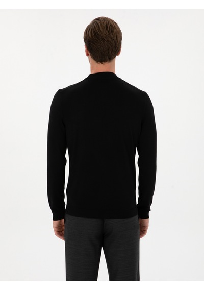 Cacharel Siyah Slim Fit Yün Karışımlı Çeyrek Balıkçı Basic Triko Kazak