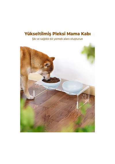 Gobypet 2'li Mavi Seramik Dekoratif Kedi Köpek Pleksi Mama & Su Kabı Paspas