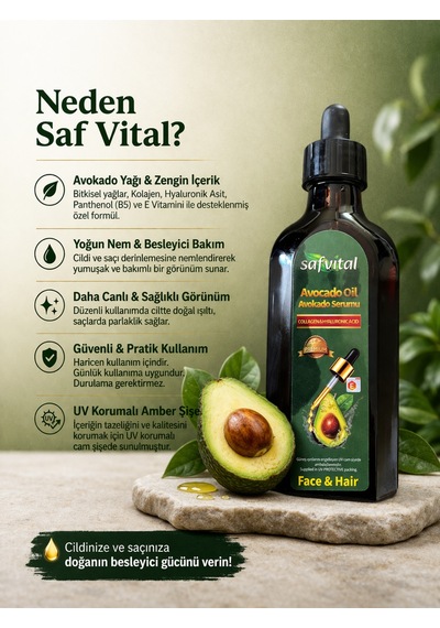 Safvital Avokado Yağı Serumu 100 Ml Kolajen Hyaluronik Asit Nemlendirici Cilt Ve Saç Bakım Yağı