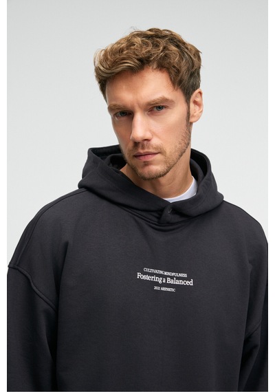 Grimelange CLAY Erkek %100 Pamuk Kapüşonlu Çıtçıtlı Baskılı Cebi Süs Etiketli Antrasit Sweatshirt