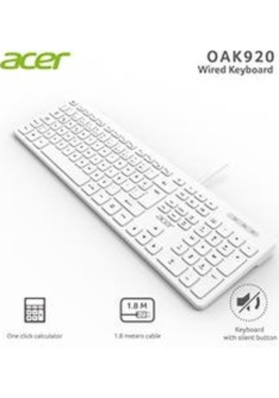 Acer Oak920 Q Usb Beyaz 1.8mt Kablolu Klavye-tek Tuş Hesap Makinalı Sessiz Tuş