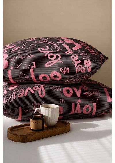 Love Desenli Pamuklu Ranforce Kumaş Fermuarlı Yastık Kılıfı 2 Adet 50x70 Cm Yeşil