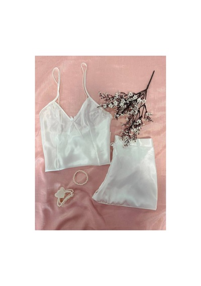 Mh Moony Homewears Krem Kurdele Lüks Saten Şortlu Pijama Takımı Krem