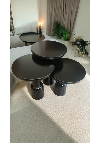 Simillo Wood Wooden Ahşap 3 Lü Set Ürgüp Mantar Yan Sehpa Modern Siyah Renk Fiskos Siyah