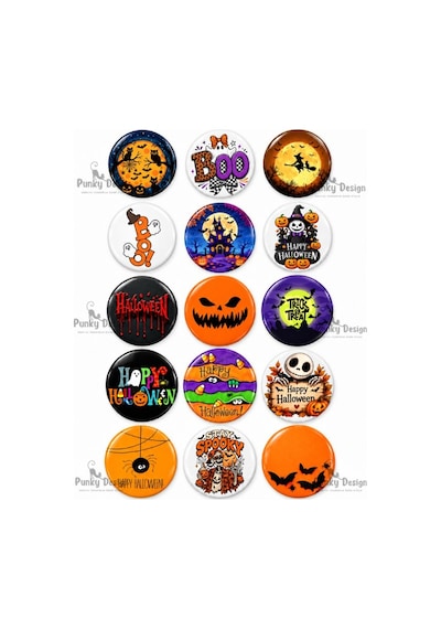 Punky Design Cadılar Bayramı Halloween Temalı 15 Li Rozet Seti- 44 Mm Kedi Cadı Hayalet Desenli Yaka Çok Renkli