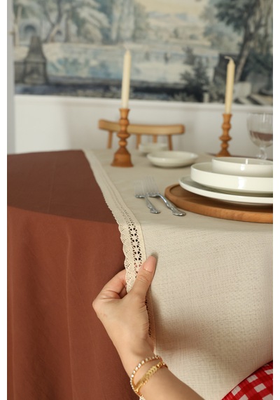 Yakacihome Elora Duck Keten Yıkanabilir Leke Tutmaz Cappuccino Kopenaki Dantel Detaylı Runner 40x140 Cm Krem