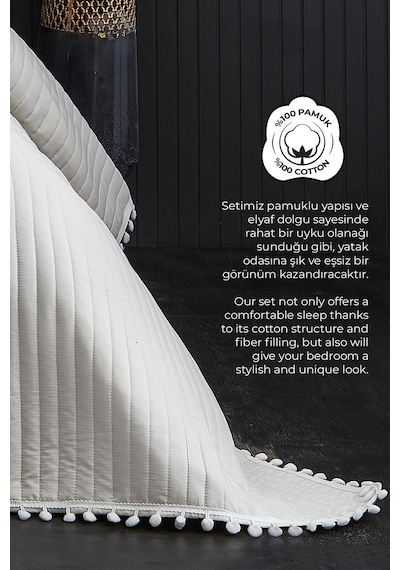 Evlen Home Collection Ponponlu Çift Kişilik %100 Pamuk Yatak Örtüsü Pike Takımı Krem Beyaz