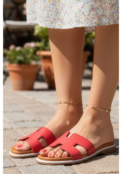 Napa Shoes Kadın H Kesimli Düz Taban Hakiki Terlik Napa-1202 Kırmızı