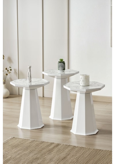Elegance 3'lü Sehpa, Yan Sehpa, Zigon Sehpa - Beyaz & Beyaz Mermer Desenli Tabla Beyaz & Beyaz Mermer Desenli