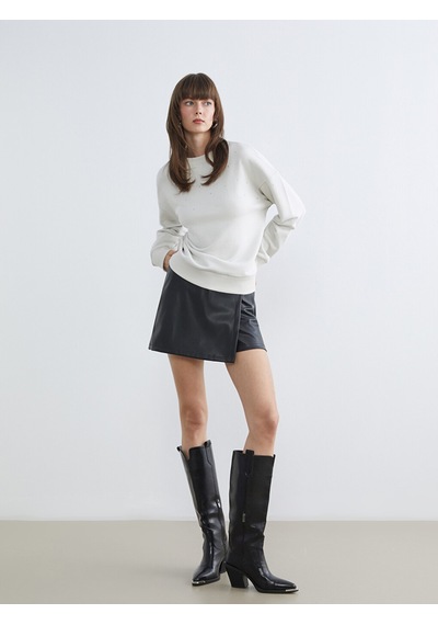 Lcw Vision Bej Bisiklet Yaka Taşlı Oversize Kadın Sweatshirt