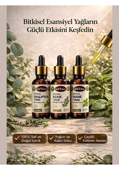 Safvital Okaliptus Yağı Kekik Yağı Nane Yağı Seti 3x20 Ml Aromaterapi Cilt Saç Bakım Çok Amaçlı Kullanım 60 ML
