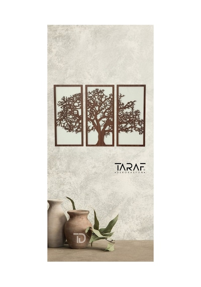 3 Parça Ağaç Tablo Lazer Kesim Dekoratif Tablo 42x62 Krem Ceviz
