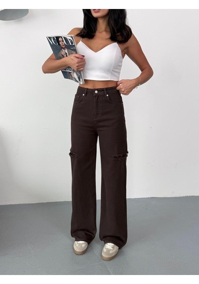 Kadın Kahverengi Baggy Jean Yüksek Bel Kot Pantolon Denim Kumaş Yanlardan Lazerli Kahverengi