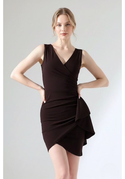 Defymoda Kadın Volanlı Mini Modern Tasarım Elbise Kahverengi