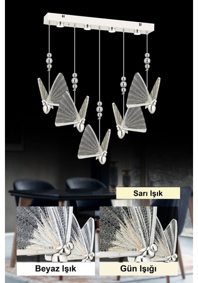İstanbul Avize İpek Yemek Masası 5'li Gümüş Ledli 3 Renk Modern Led Avize Gümüş