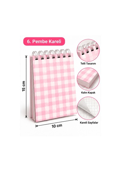 Pembe Kareli Kalp Modeli 15 10 Cm Spiralli Bloknot 40 Yaprak - 80 Sayfa
