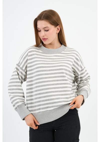 Alexander Gardi Kadın Bisiklet Yaka Çizgili Sweatshirt B24-00248 Beyaz - Gri