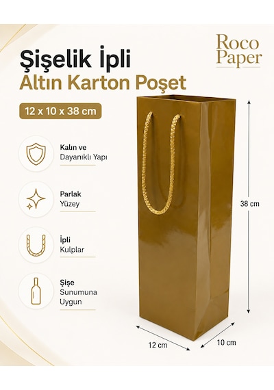 Şişelik İpli Altın Karton Poşet, 1 Adet - 12x10x38 Cm, Kalın Yapı