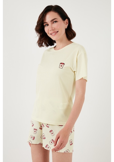 Lela Regular Fit Kısa Kollu Şortlu Bayan Pijama Takımı 65740103 Bej-Pembe