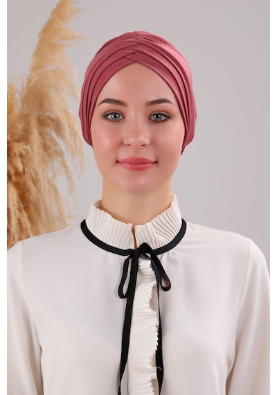 Melodi Scarf Kadın Üç Bantlı Çapraz Hazır Türban Dış Bone Gül Kurusu Gül Kurusu Gülkurusu