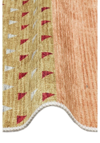 Etnik Kilim Desenli Pamuk Taban Yıkanabilir Baskılı Oval Halı Turuncu