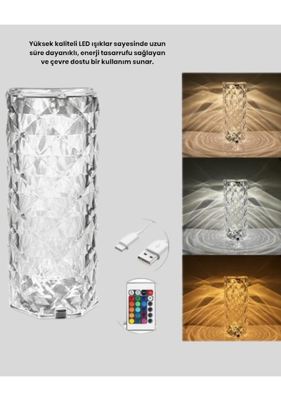 Kristal Rgb Led Masa Lambası - Renkli Kumandalı Işık Dekoratif Ve Enerji Tasarruflu