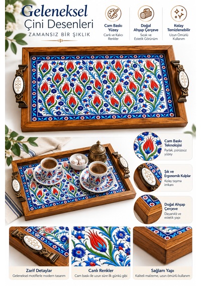 Ahşap Tepsi Cam Baskılı 28x44