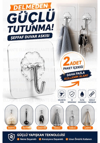 Duvar Delmeden Yapışkanlı Tablo Askı Aparatı 2 Adet Şeffaf Güçlü Yapışkan Çerçeve Ayna Ve Saat Askıs Çok Renkli