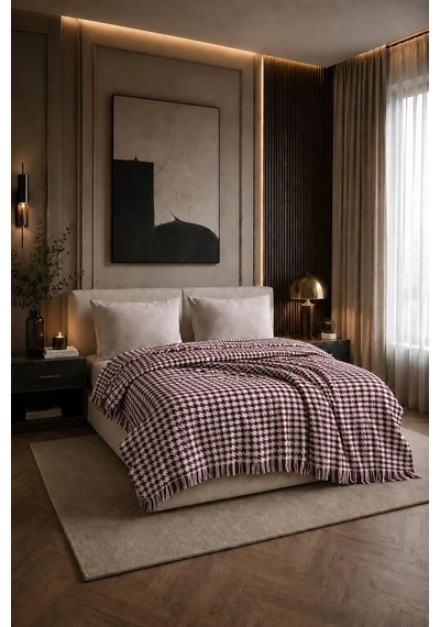 Bordo Çift Kişilik Pike Kazayağı Desenli Dekoratif Yatak Örtüsü 200x220 Cm Saçaklı Çok Renkli
