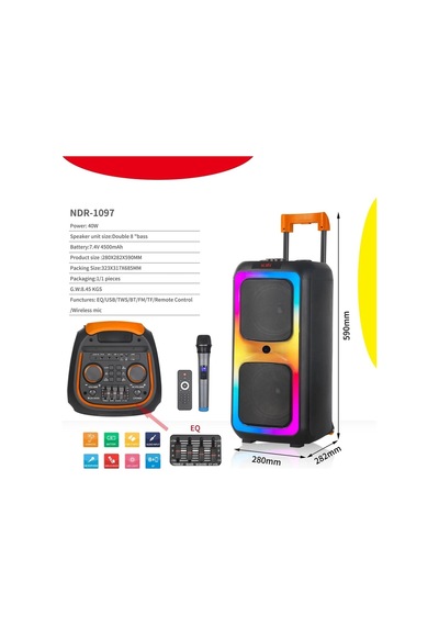 Ndr-1097 Bluetooth Speaker Kablosuz Mikrofonlu Taşınabilir Şarjlı Tekerlekli Büyük Boy Party Speaker 40w Hoparlör Hafıza Kartı Usb Girişli Tws Özellikli Fm Radyolu Ses Sistemi