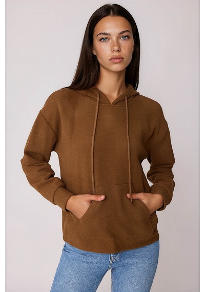 Vitrin Omuz Dekolteli Kanguru Cep Kapüşonlu Sweatshirt Kahve