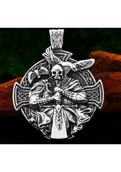 Paslanmaz Çelik Viking Savaşcı Odin Kolye - Viking Kolye Gümüş